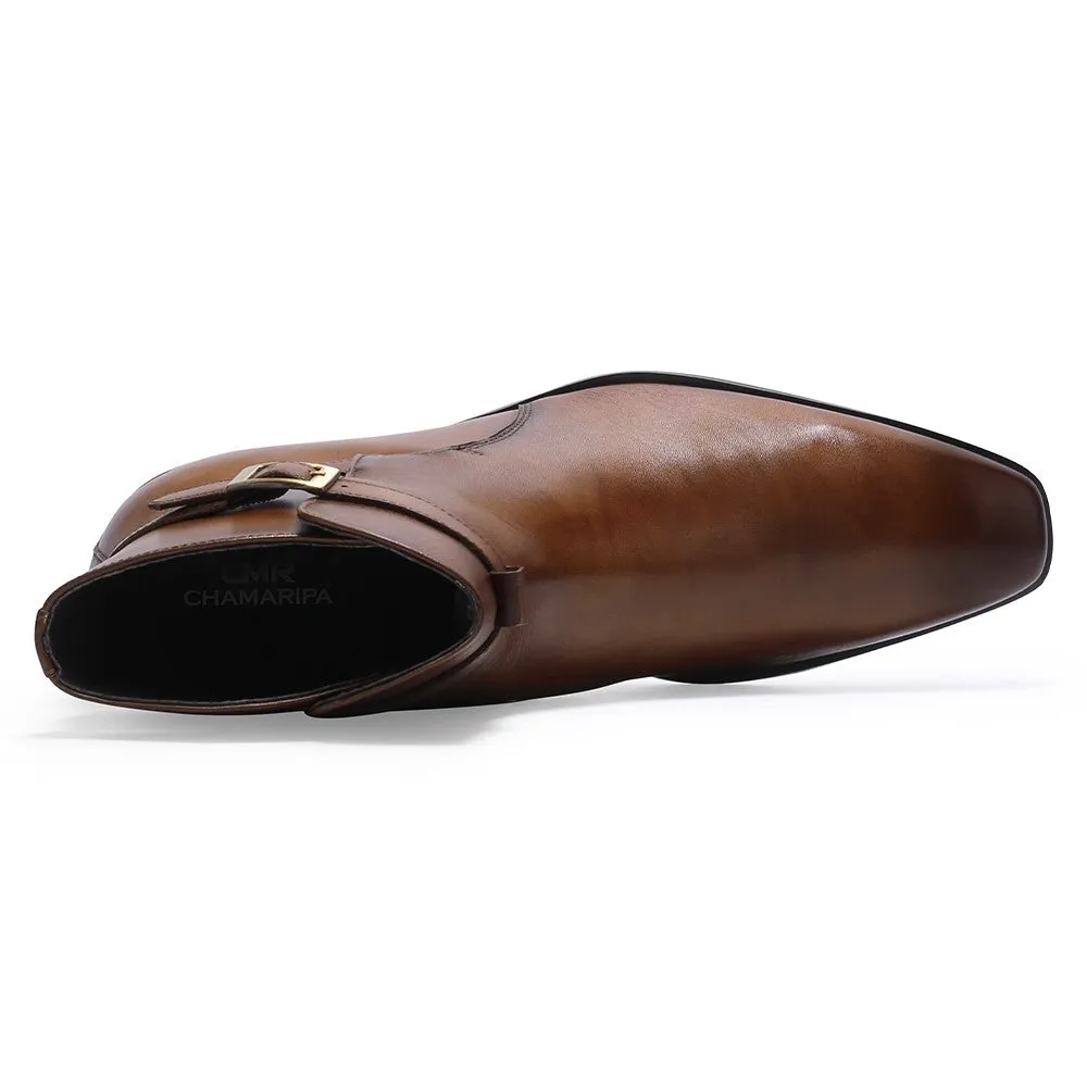 7CM / 2.76 Inches CMR CHAMARIPA Brown Leather Dress Boots - Elevate Your Style with Height-Boosting Men's Boots