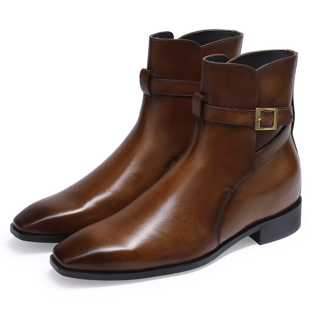 7CM / 2.76 Inches CMR CHAMARIPA Brown Leather Dress Boots - Elevate Your Style with Height-Boosting Men's Boots