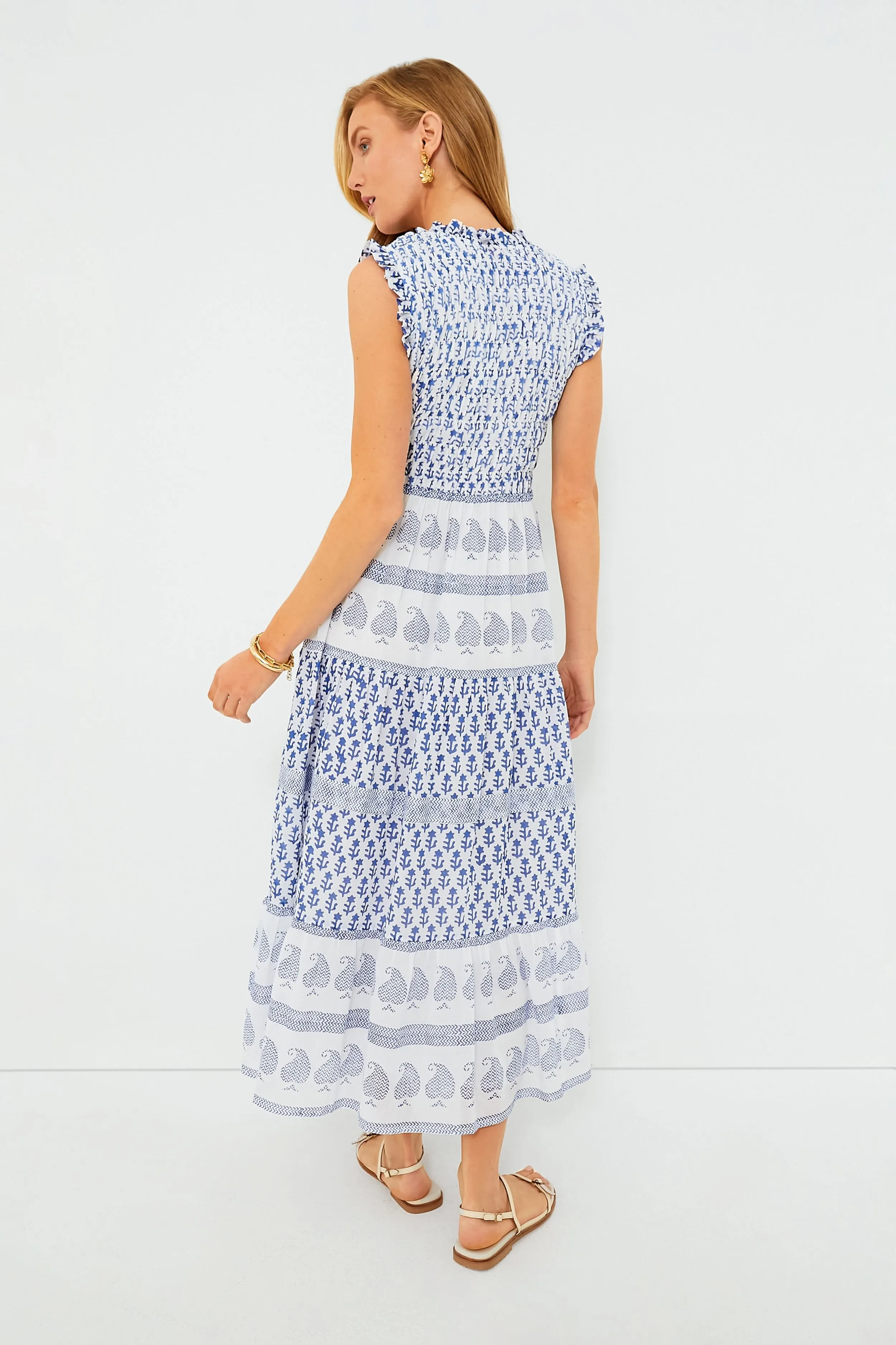 Exclusive Flora Blue Sleeveless Smocked Maxi Dress
