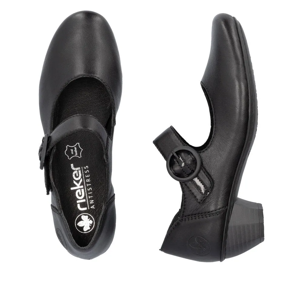 Rieker 41756-00 Ladies Black Leather Buckle Heels