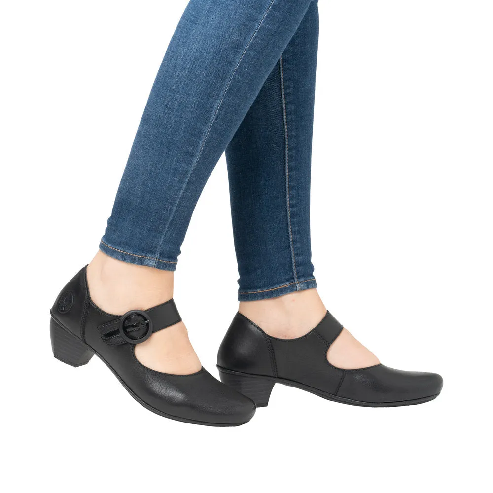 Rieker 41756-00 Ladies Black Leather Buckle Heels