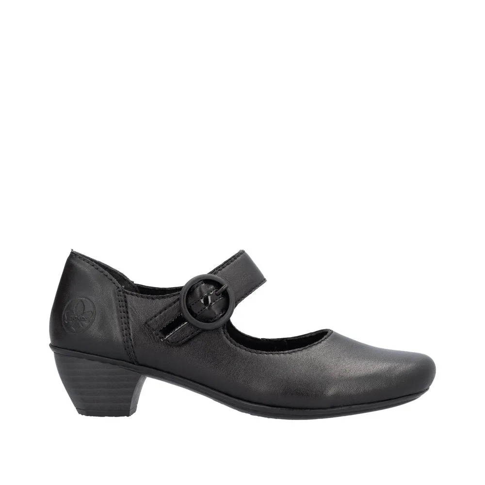 Rieker 41756-00 Ladies Black Leather Buckle Heels