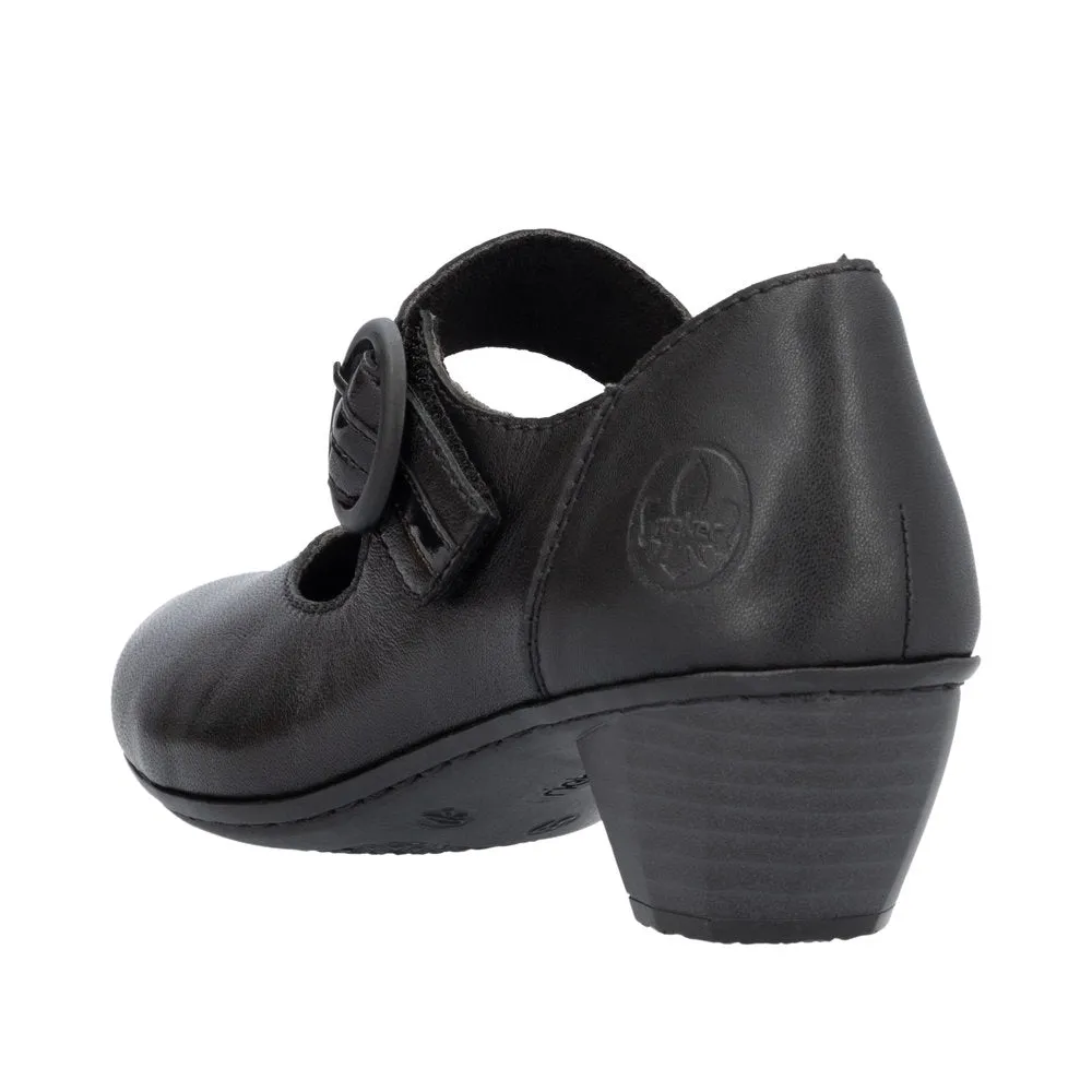 Rieker 41756-00 Ladies Black Leather Buckle Heels