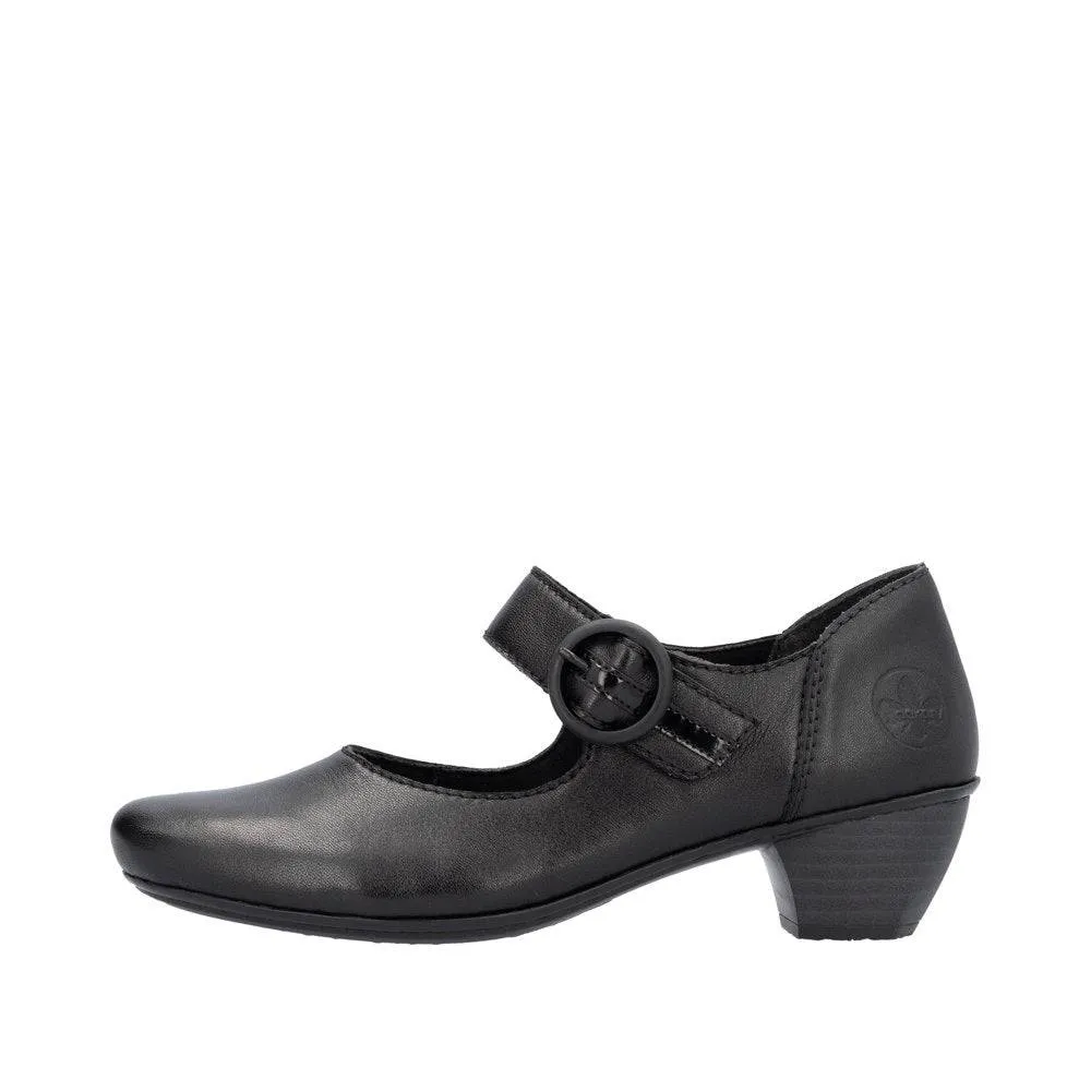 Rieker 41756-00 Ladies Black Leather Buckle Heels