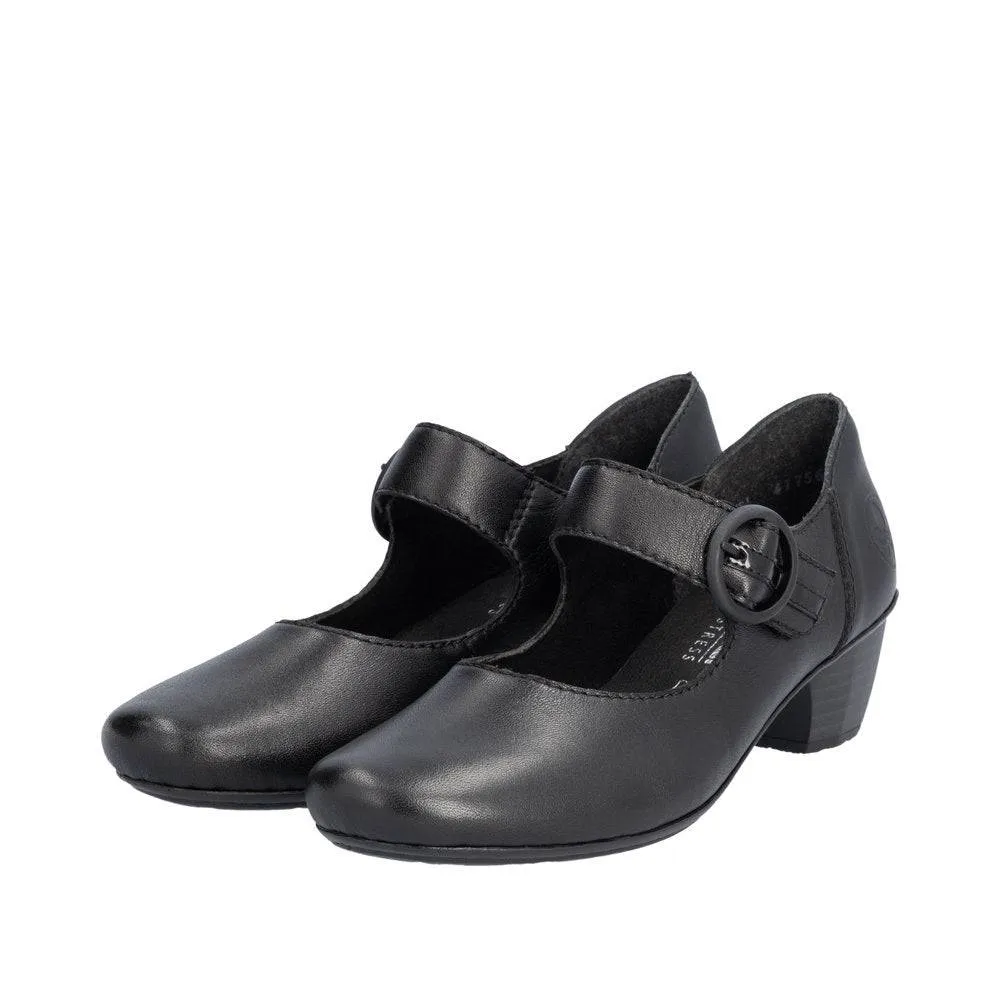 Rieker 41756-00 Ladies Black Leather Buckle Heels