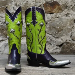 Stallion Ladies Rosebud Kelly Green Uppers Purple Calf Vamp W/Silver Majestic Wingtip