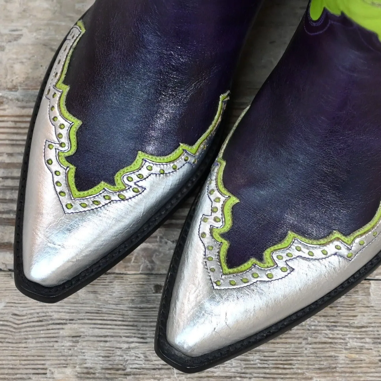 Stallion Ladies Rosebud Kelly Green Uppers Purple Calf Vamp W/Silver Majestic Wingtip