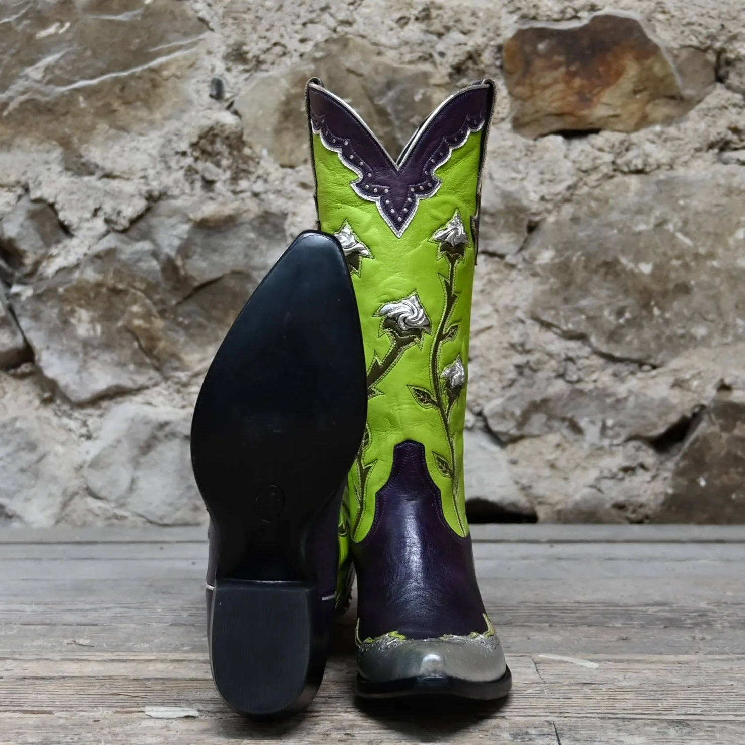 Stallion Ladies Rosebud Kelly Green Uppers Purple Calf Vamp W/Silver Majestic Wingtip