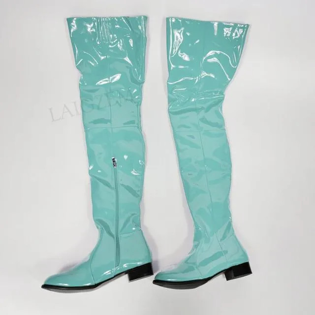 Women Over Knee Boots Shiny Patent Side Zip Low Heels