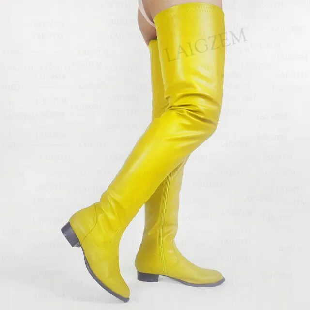 Women Thigh High Boots Faux Leather Full Zip Low Heels