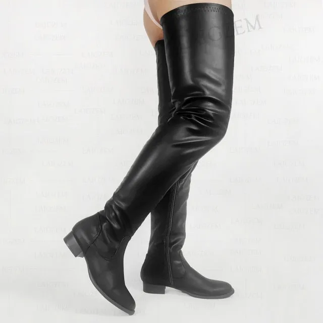 Women Thigh High Boots Faux Leather Full Zip Low Heels