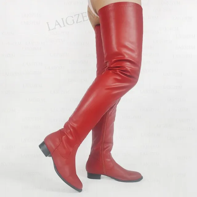 Women Thigh High Boots Faux Leather Full Zip Low Heels