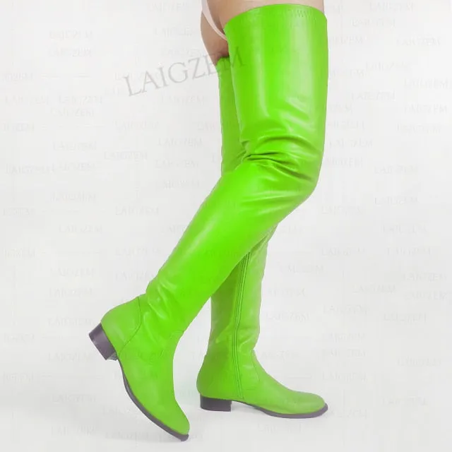 Women Thigh High Boots Faux Leather Full Zip Low Heels